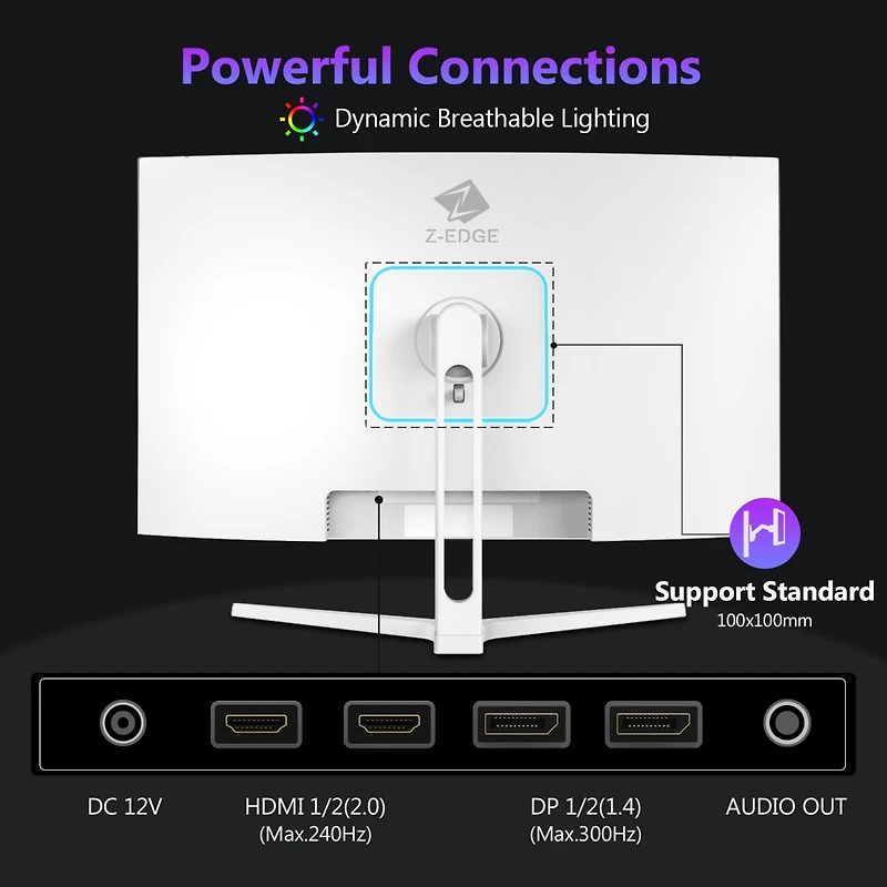 Z-edge UG27H-White 27 inch 1080P Full Hd 1920 x 1080 300 Hz 1 ms Curved Gaming Monitor, 16.7 Million Display Colors, FreeSync, Ultra-Slim Beze