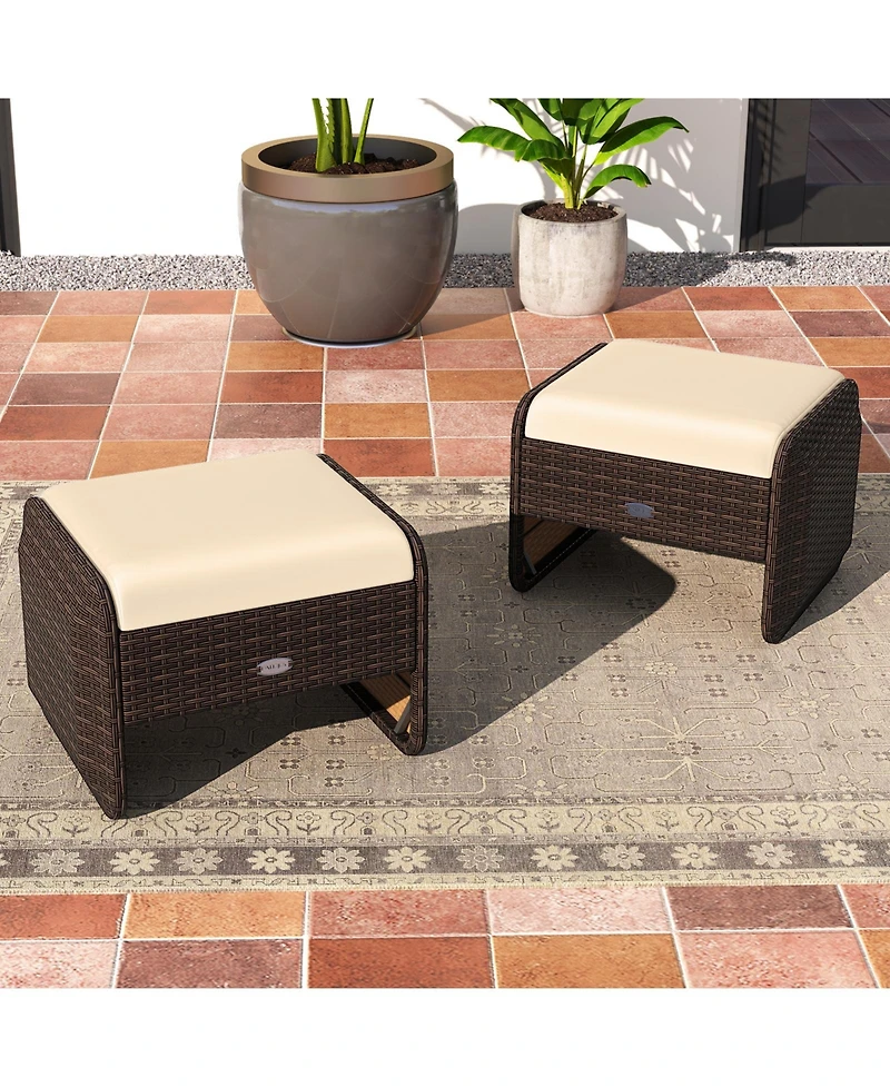 2-Piece Outdoor Pe Wicker Ottomans with Removable Cushions for Patio or Garden