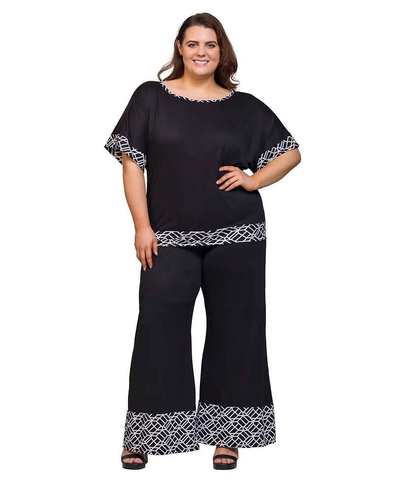 24seven Comfort Apparel Plus Geometric Print Trim 2-Piece Top and Pants Set