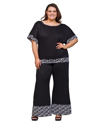 24seven Comfort Apparel Plus Geometric Print Trim 2-Piece Top and Pants Set
