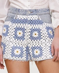 Avec Les Filles Women's Crochet-Front Denim Cutoff Shorts