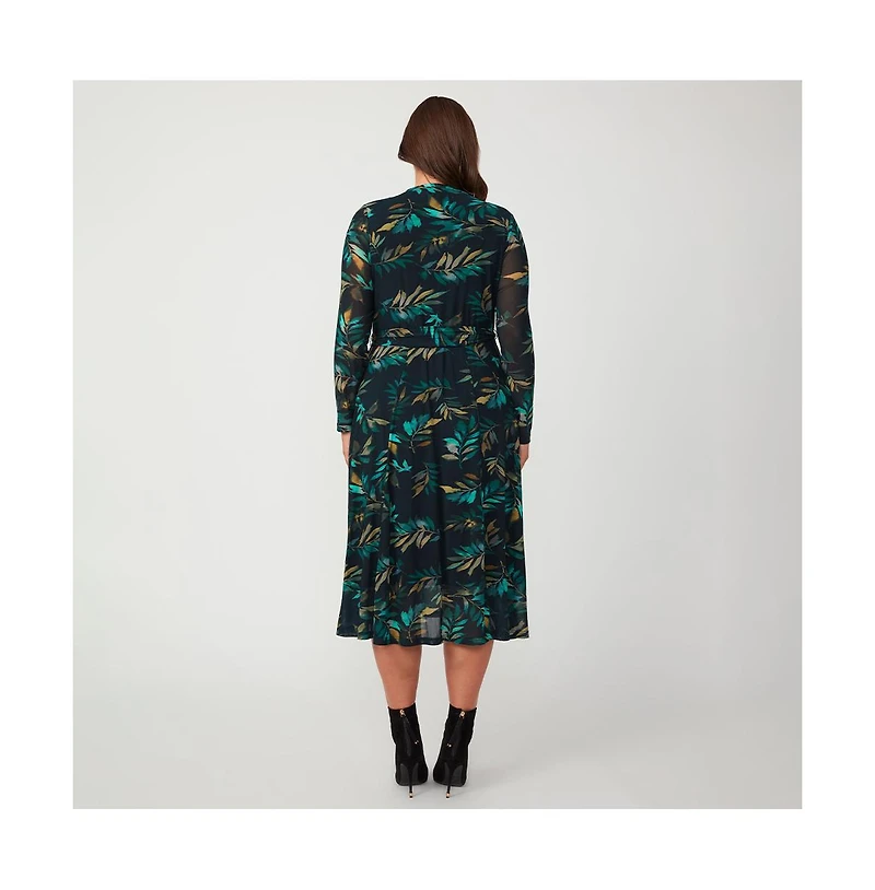 Estelle Foliage Whisper Green Black Floral Mesh Midi Dress
