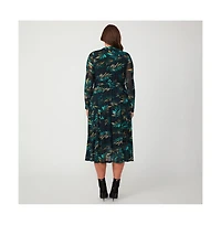 Estelle Foliage Whisper Green Black Floral Mesh Midi Dress