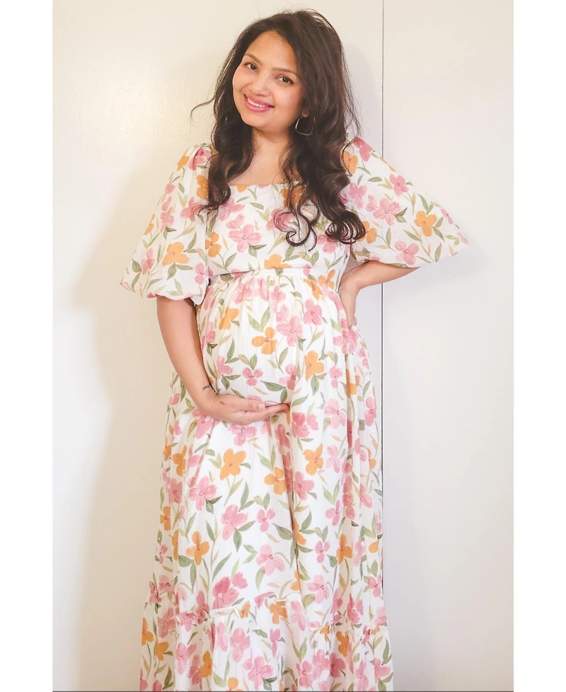 Pinkblush Maternity White Floral Puff Sleeve Maxi Dress