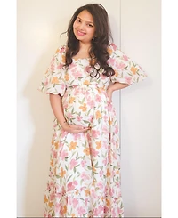 Pinkblush Maternity White Floral Puff Sleeve Maxi Dress