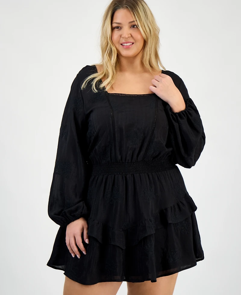 And Now This Trendy Plus Size Embroidered Balloon-Sleeve Mini Dress, Macy's Exclusive
