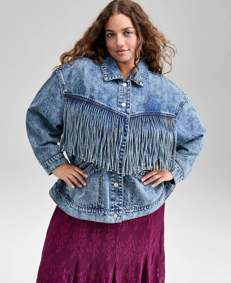And Now This Trendy Plus Fringe-Trim Cotton Denim Jacket, Macy's Exclusive