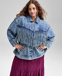 And Now This Trendy Plus Fringe-Trim Cotton Denim Jacket, Macy's Exclusive