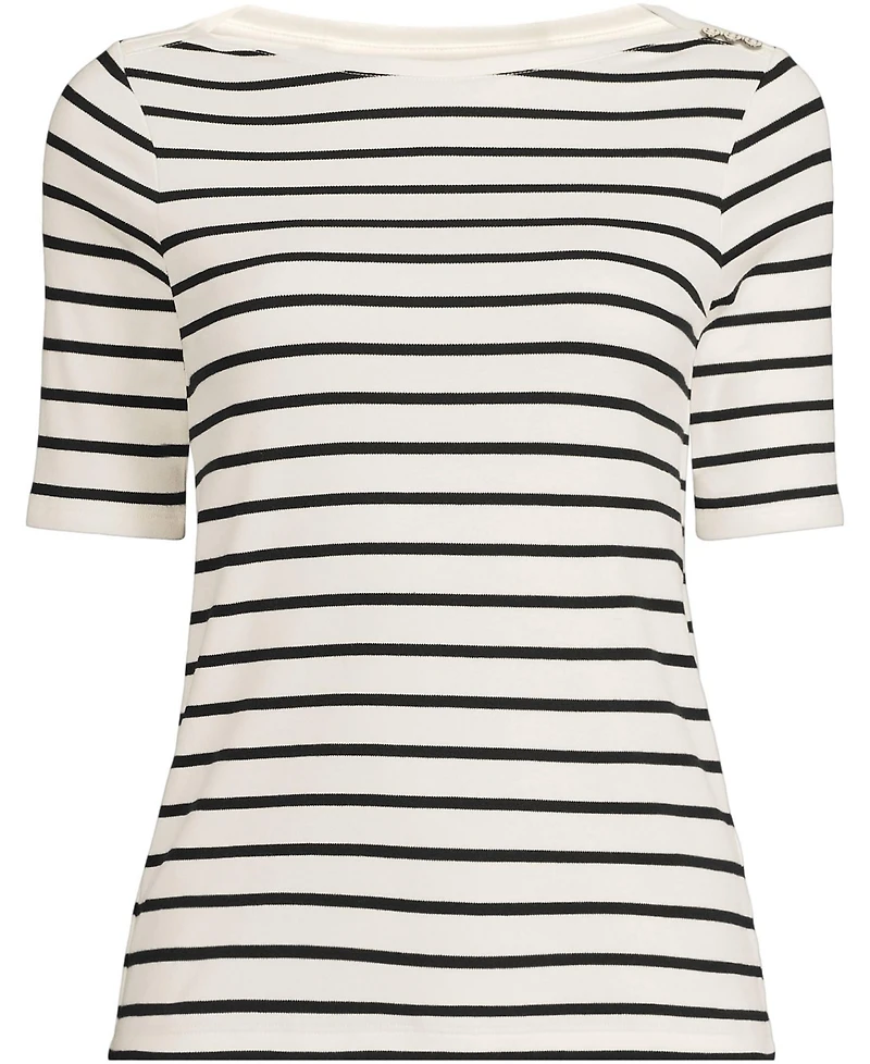 Lands' End Women's Tall Supima Cotton Elbow Sleeve Boatneck Button Shoulder Tee