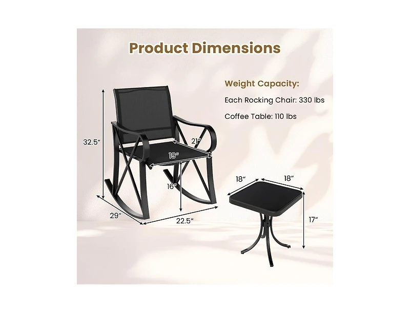 3 Piece Patio Rocking Set with Smooth Motion Outdoor Rocker Chair Bistro