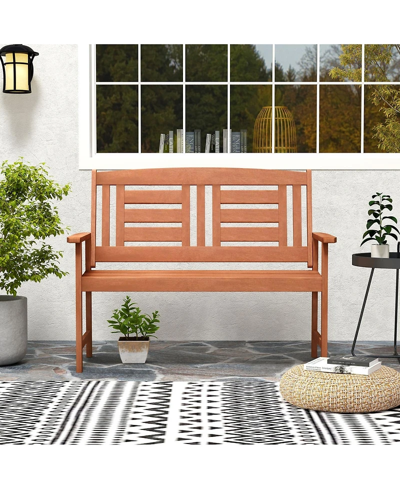 Outdoor Loveseat Hardwood 2-Seat Bench with Inclined Backrest and Slatted Seat