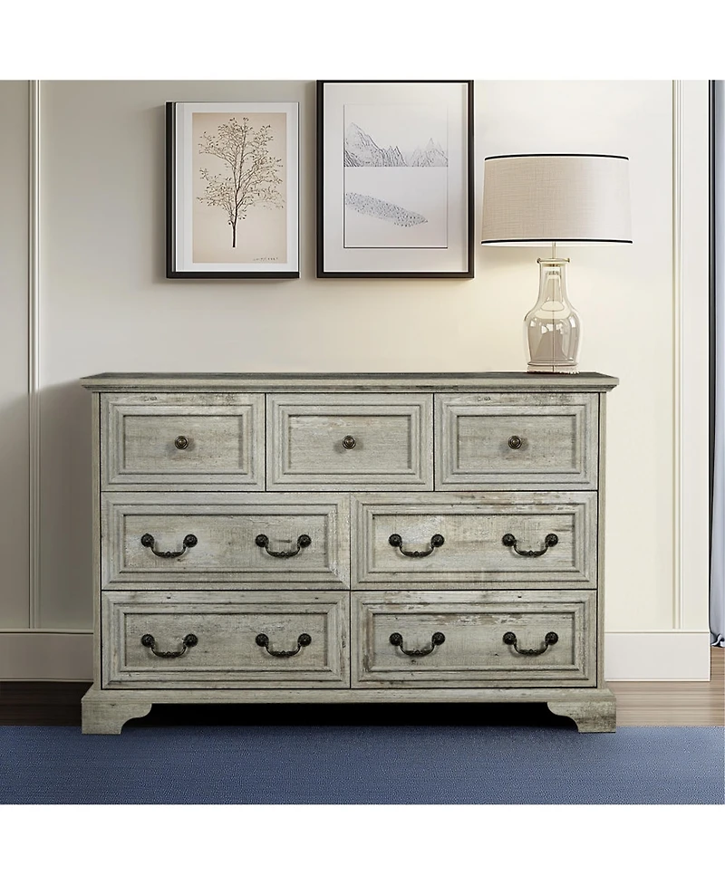 Farmhouse 7 Drawers Dresser Bathroom Cabinet for Rustic Chest of with Natural Texture Vintage Design Storage Organizer