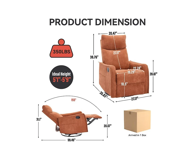 Casainc Heat Massage Manual Recliner Chair with Rocker and Swivel in Fabric for Living Room