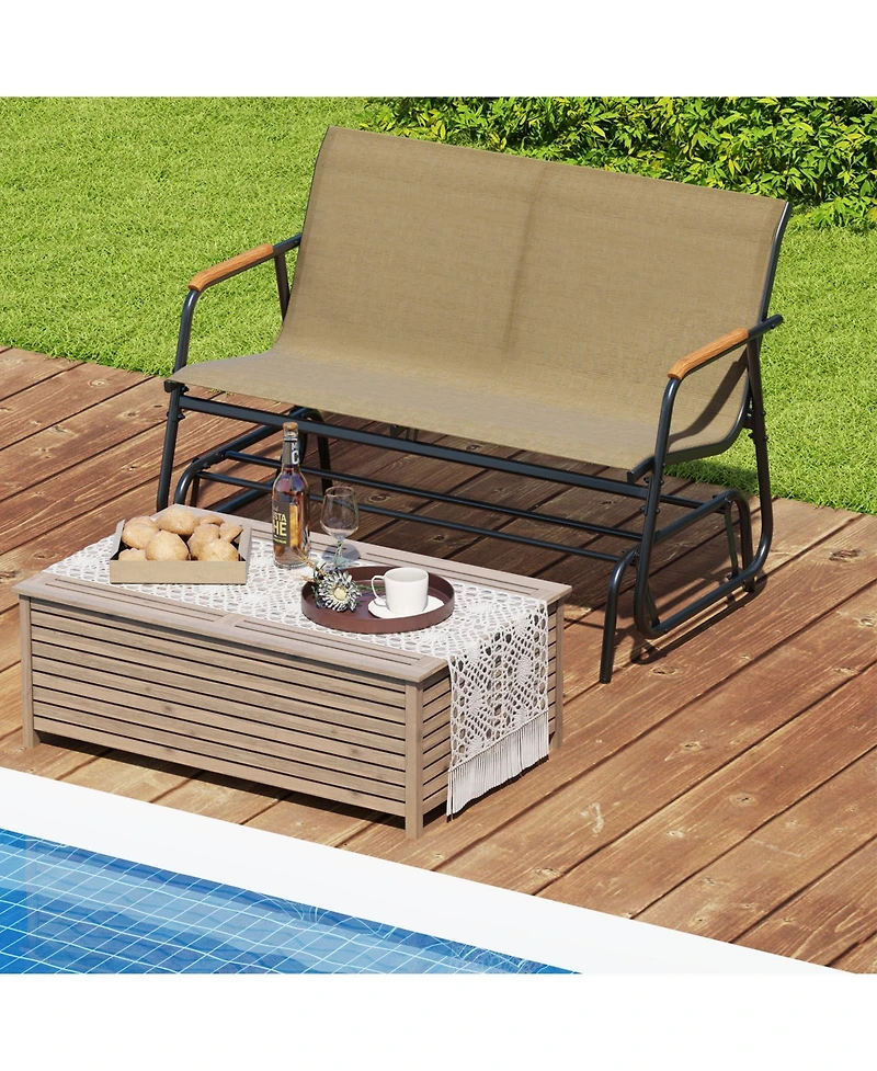 Slickblue Patio Glider Bench with Curved Teak Armrests and Breathable Fabric Seat for 2 People