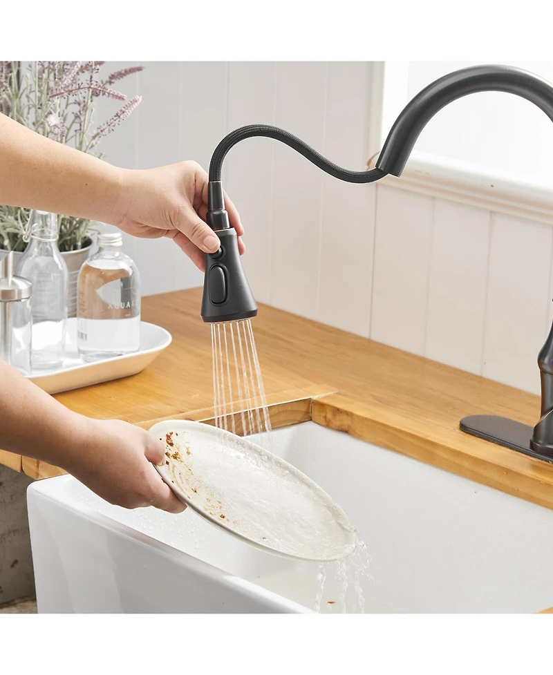 Single-Handle Pull-Down Sprayer 3 Spray High Arc Kitchen Faucet With Deck Plate in Oil Rubbed Bronze