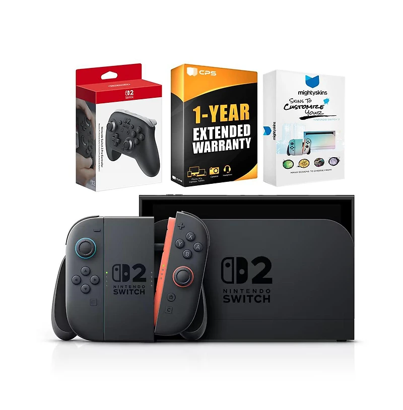 Nintendo Switch 2 Console with Mario Kart World, Pro Controller, MightySkins Code and 2 Cps Year Extended Warranty