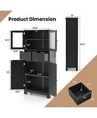 4 Door Freestanding Bathroom Floor Storage Cabinet with 2 Drawers and Glass Doors