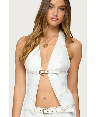 Edikted Women's Ciel Split Front Denim Halter Top