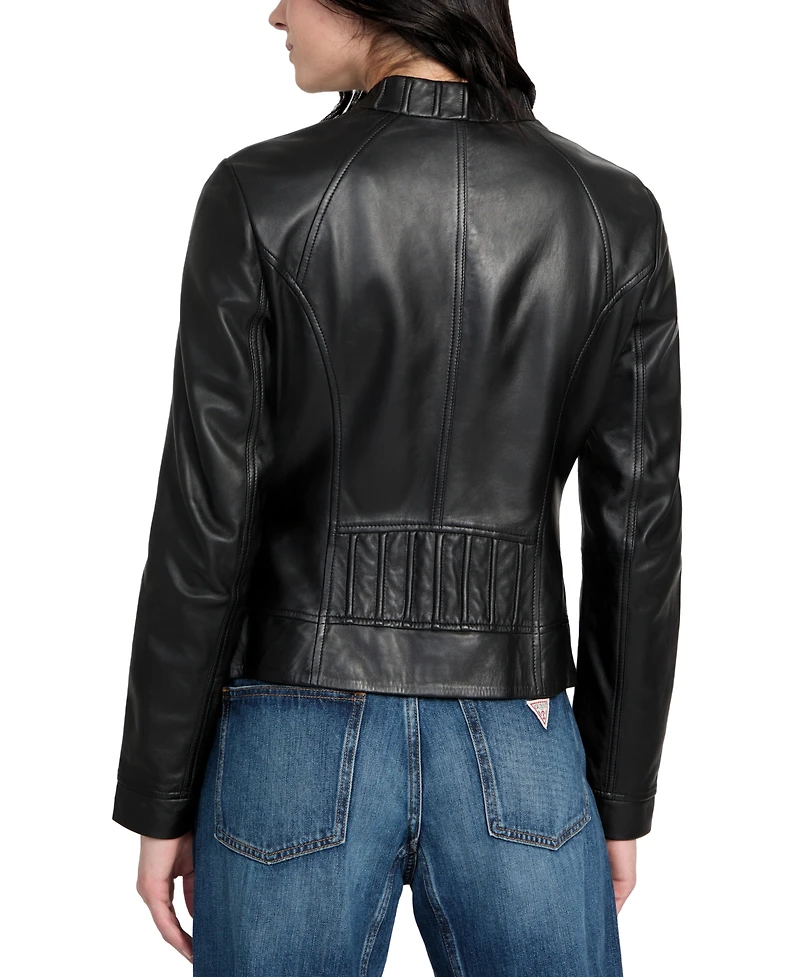 Guess Women's Collarless Zip-Front Leather Jacket