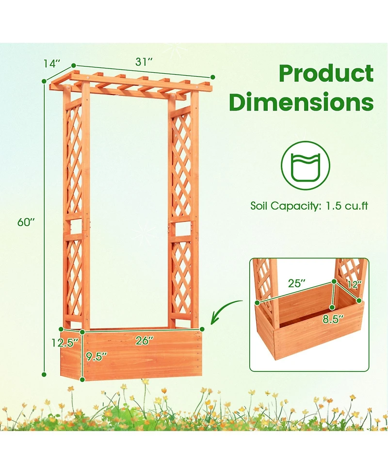 Raised Garden Bed with Side Trellis and Hanging Roof and Drainage Hole