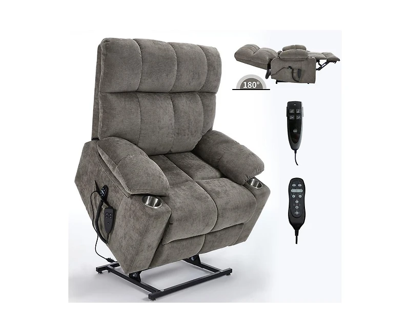 Dual Motor Infinite Position Up to 350 Lbs Chenille Power Lift Recliner Chair with 8-Point Vibration Massage and Lumbar Heating Cup Holders