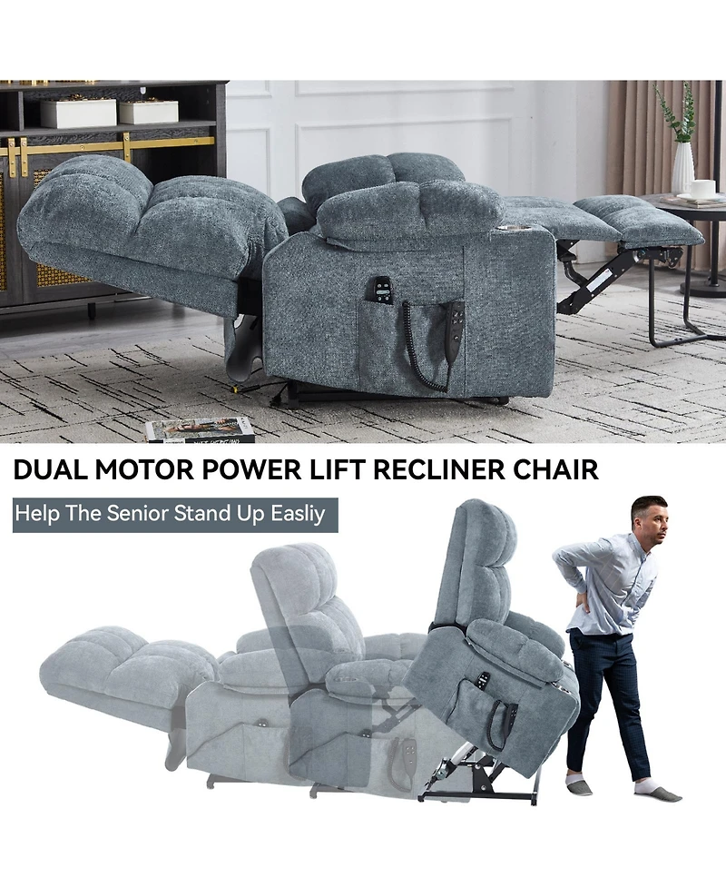 Dual Motor Infinite Position Up to 350 Lbs Chenille Power Lift Recliner Chair with 8-Point Vibration Massage and Lumbar Heating Cup Holders