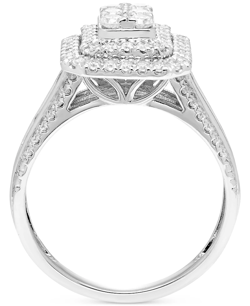 Diamond Emerald Shaped Halo Cluster Multirow Ring (1 ct. t.w.) in 14k White Gold