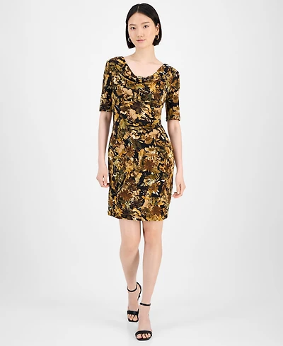 Connected Petite Floral Draped-Neck Elbow-Sleeve Dress