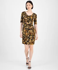 Connected Petite Floral Draped-Neck Elbow-Sleeve Dress