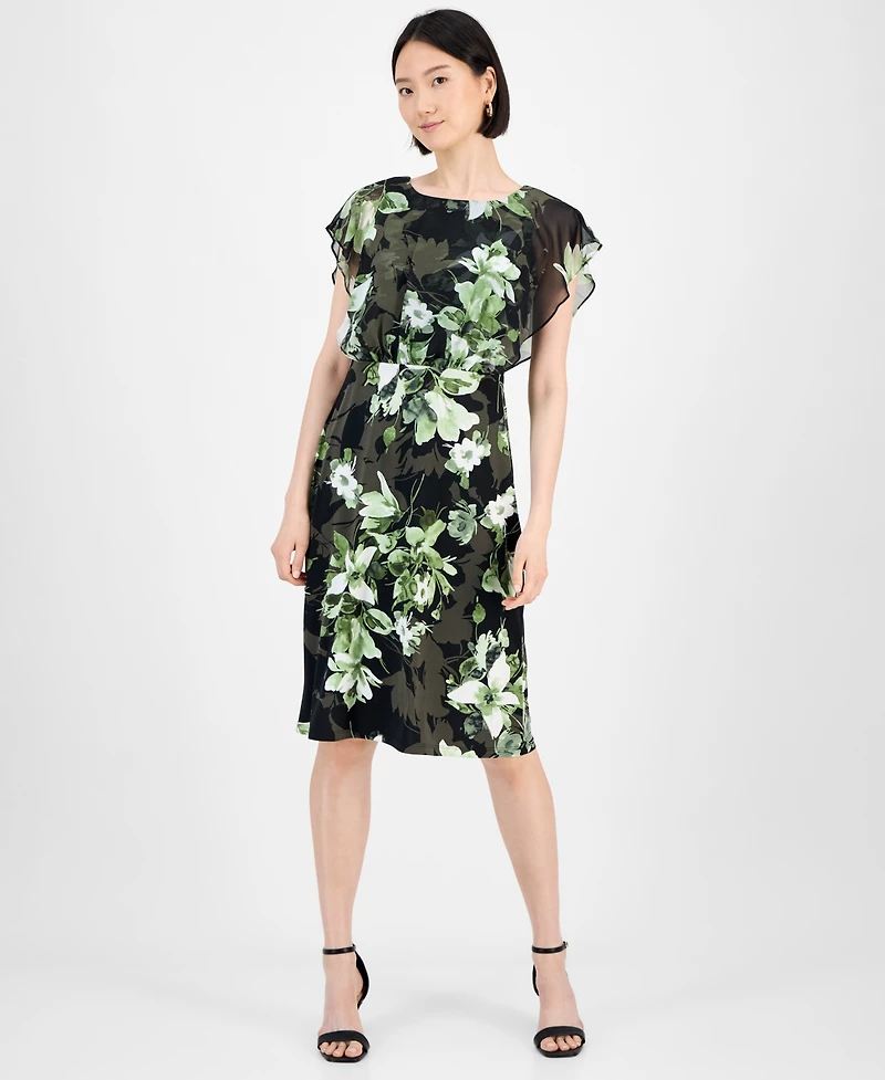 Connected Petite Floral Bodice-Overlay Jersey Dress