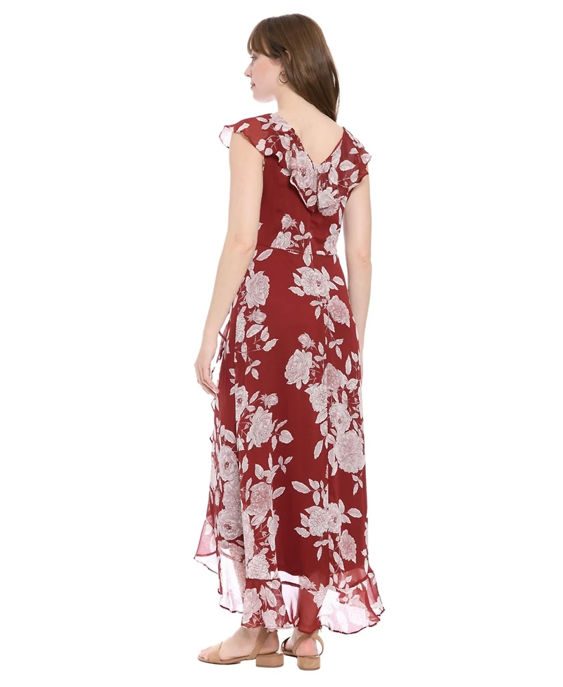 London Times Petite Printed Ruffled-Collar Maxi Dress