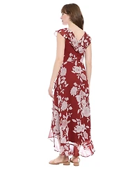 London Times Petite Printed Ruffled-Collar Maxi Dress