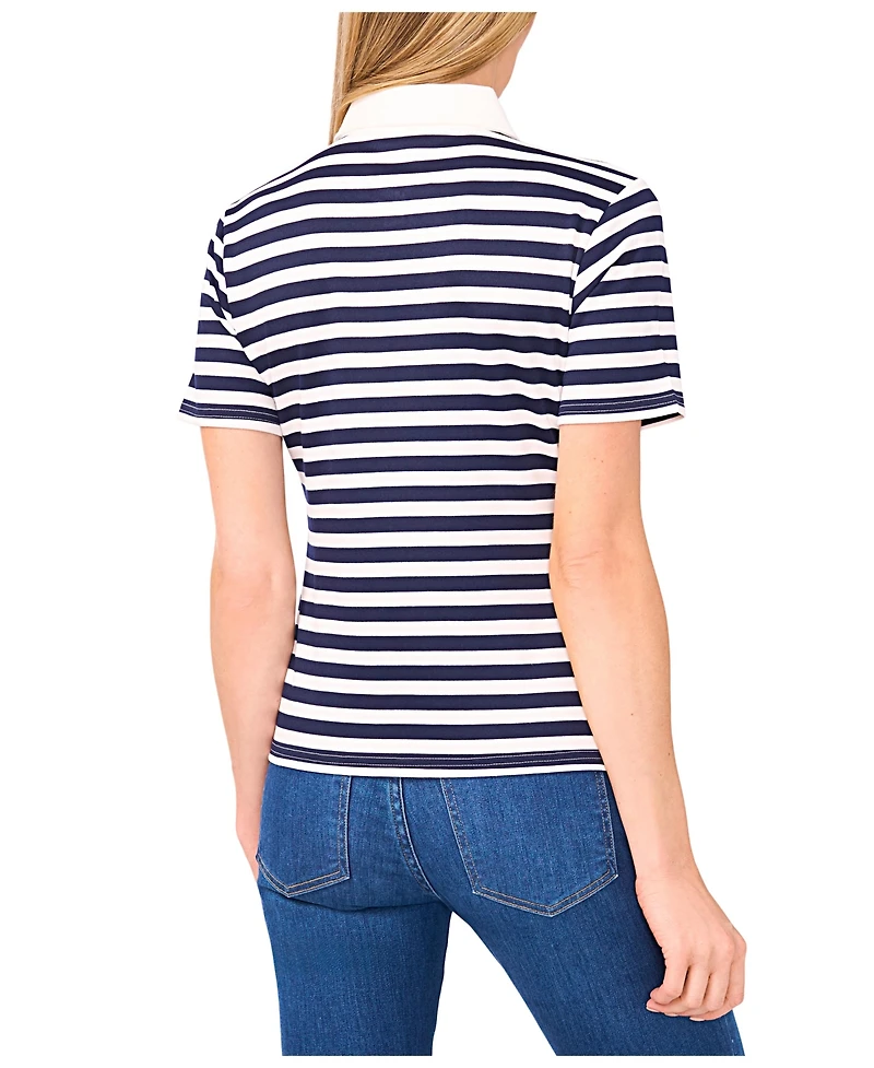 CeCe Women's Short Sleeve Striped Polo Top