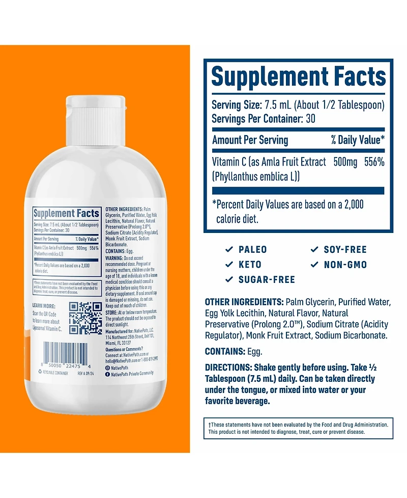 NativePath Liposomal Vitamin C 500mg with Amla Extract - High Absorption Immune Support Supplement - Orange Flavor, 30 Servings