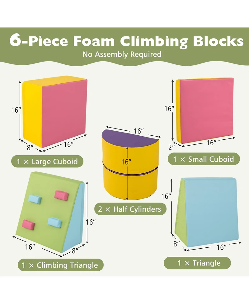 Slickblue Kids 6-Piece Foam Climbing Blocks with Hook and Loop Fasteners