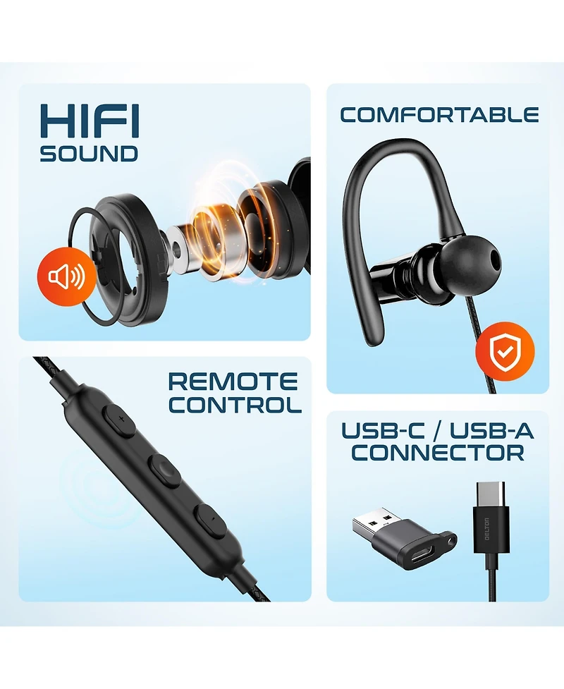 Delton 24EC Wired Earbuds with Microphone, Ergonomic In-Ear Design with Usb C to Usb A Adapter, Hi-Fi Stereo Sound, Usb C wired earbuds for Pc/Laptops