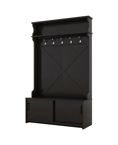 Boyel Living Hall Tree with Top Shelf and Storage Bench, Hallway Shoe Cabinet Sliding Doors, Coat Rack 5 Hanging Hooks for Entryways