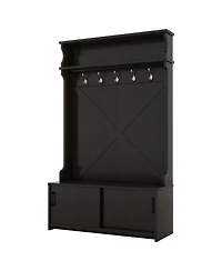 Boyel Living Hall Tree with Top Shelf and Storage Bench, Hallway Shoe Cabinet Sliding Doors, Coat Rack 5 Hanging Hooks for Entryways