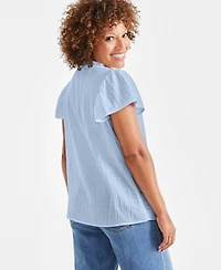 Style & Co Petite Cotton Flutter-Sleeve Ruffle Top, Created for Macy's