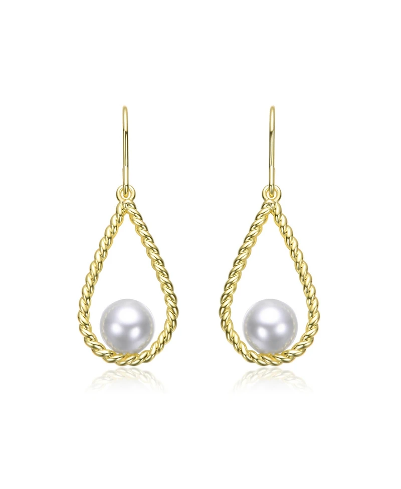 14K Gold Plated with White Pearl Twisted Teardrop Dangle Earrings