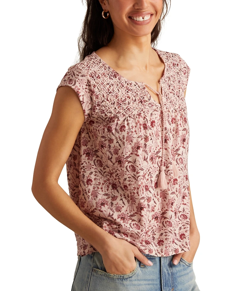 Lucky Brand Women's Floral Smocked Tassel-Tie Top