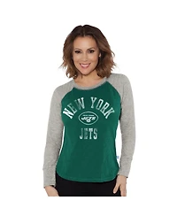 G-iii 4Her by Carl Banks Women's Green/Heather Gray New York Jets Waffle Knit Raglan Long Sleeve T-Shirt