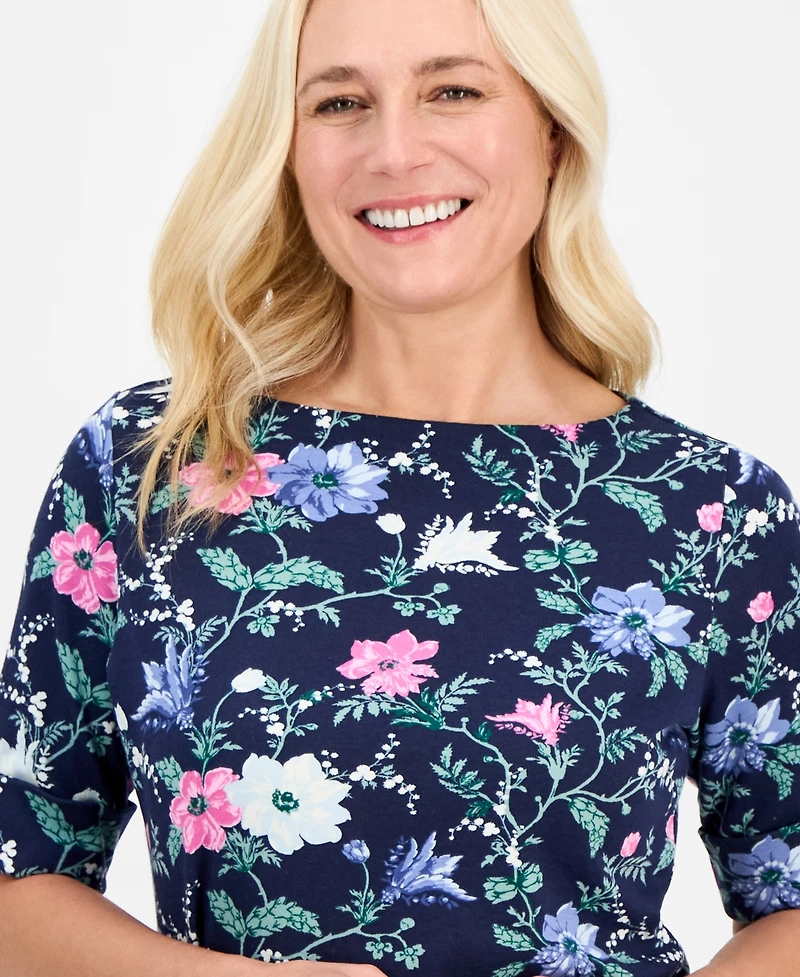 Style & Co Women's Printed Boat-Neck Elbow-Sleeve Top, Exclusively at Macy's