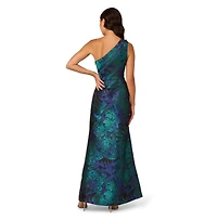 Adrianna Papell Women's Jacquard Printed Asymmetric One-Shoulder Gown