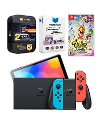 Nintendo Switch Neon Oled with Rabbids: Party of Legends, MightySkins Voucher and 2 Year Cps Extended Warranty