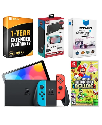 Nintendo Switch Neon Oled with New Super Mario Bros U Deluxe, Gaming Kit, MightySkins Voucher and 1 Year Cps Extended Warranty