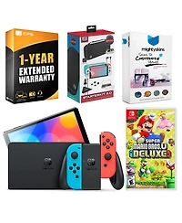 Nintendo Switch Neon Oled with New Super Mario Bros U Deluxe, Gaming Kit, MightySkins Voucher and 1 Year Cps Extended Warranty
