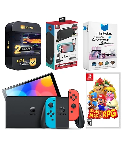 Nintendo Switch Neon Oled with Super Mario Rpg, Gaming Kit, MightySkins Voucher and 2 Year Cps Extended Warranty