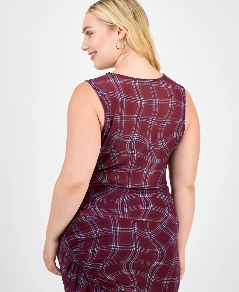 Bar Iii Trendy Plus Plaid Asymmetric-Ruching Top, Macy's Exclusive