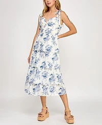 Crystal Doll Juniors' Floral Print Tie-Shoulder Tiered Dress